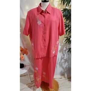 A.K.C. NWT Deadstock Vtg Linen Embroidered Maxi Dress Jacket Set Size 2X Pink